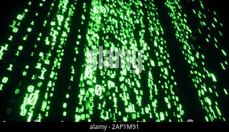 Digitale Leitungen von binären Code, leuchtende Neon style, binäre Daten Hintergrund, Farbe grün Stockfoto