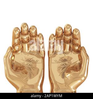 Zwei dekorativen goldenen Händen mit leicht gebogenen Finger palm bis auf weißem Hintergrund. Ansicht von oben. 3D-Rendering Stockfoto