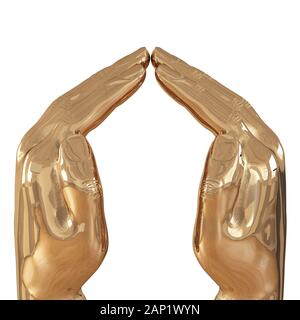 Zwei dekorativen goldenen Händen mit leicht gebeugten Fingern auf weißem Hintergrund. Von der Seite. 3D-Rendering Stockfoto