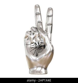 Metall Figur aus einer Hand mit zwei Fingern auf einem weißen Hintergrund. 3D-Rendering Stockfoto