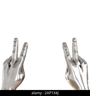Zwei Hände mit zwei Fingern nach oben auf weißem Hintergrund. 3D-Rendering Stockfoto