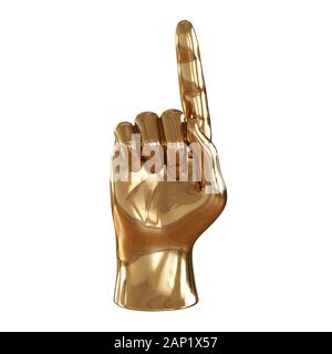 Goldene Figur der eine Hand mit einem auferweckt Zeigefinger auf einem weißen Hintergrund. 3D-Rendering Stockfoto