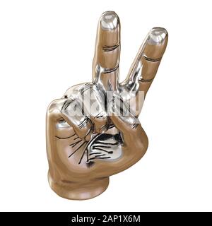 Metall Figur aus einer Hand mit zwei Fingern nach oben auf weißem Hintergrund. 3D-Rendering Stockfoto