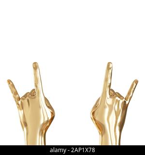 Zwei goldene Hände mit zwei Fingern bis auf weißem Hintergrund. Ansicht von hinten. Copyspace. 3D-Rendering Stockfoto