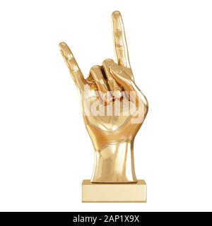 Eine goldene Figur aus einer Hand mit zwei Fingern auf weißem Hintergrund. Vorderansicht. 3D-Rendering Stockfoto