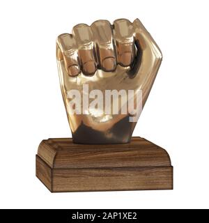 Goldene Statuette aus einer Hand mit Finger zur Faust geballt auf einem Stand aus Holz auf weißem Hintergrund. 3D-Rendering Stockfoto