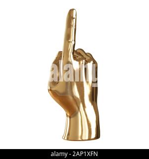 Goldene Figur der eine Hand mit einem auferweckt Zeigefinger auf weißem Hintergrund. 3D-Rendering Stockfoto