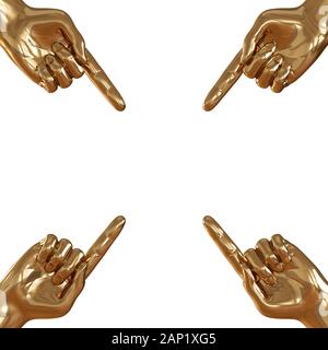 Vier goldene Hände mit erhobenen Zeigefinger an vier Ecken auf weißem Hintergrund. 3D-Rendering Stockfoto