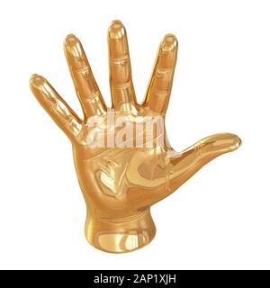Goldene Statuette der eine Hand mit einem offenen Palm auf weißem Hintergrund. 3D-Rendering Stockfoto
