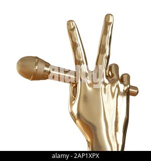 Eine goldene Hand mit zwei Fingern auferweckt hält ein Mikrofon auf weißem Hintergrund. Ansicht von hinten. 3D-Rendering Stockfoto