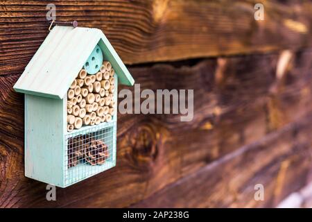 Holzunterkunft für Maurerbienen - DIY Hive (Bienenhaus) aus natürlichen Materialien. Symbol für umweltfreundliche Imkerei Stockfoto