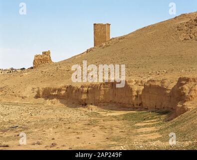 Arabische Republik Syrien. Palmyra. Das Tal der Gräber. Grabkunst Türmen. Oase Tadmor. Ca. 1. Jahrhundert. Römische Ära. Foto vor dem syrischen Bürgerkrieg. Stockfoto