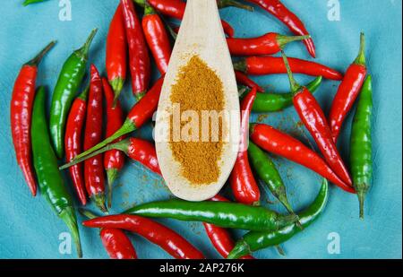 Hohen winkel Nahaufnahme auf isolierte Holz Löffel mit pikanten Chili Pulver und rohe rote grüne Chilis auf Zerkratzt blue China Platte Stockfoto