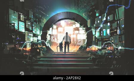 Sci-fi-Konzept, das einen Mann zeigt, der auf die futuristische Portal, digital art Stil, Illustration Malerei