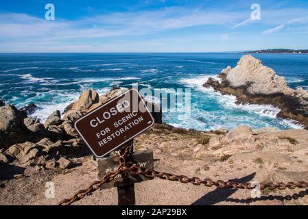 Blaue Winterwellen, die entlang der felsigen Pazifikküste des Point Lobos State Natural Reserve, Kalifornien, abstürzen Stockfoto