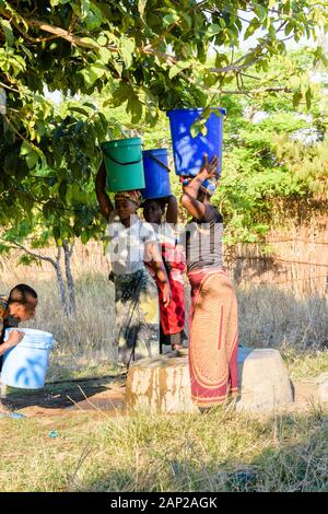 Vier malawische Frauen, die schwere Eimer Wasser auf den Kopf des Dorfes heben und bereit sind, sie in der Sonne zurück zu ihren Häusern zu bringen Stockfoto