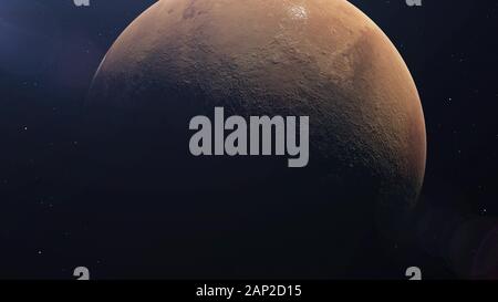 Planeten Mars. Blick aus dem Weltall. Eine große Oberfläche des Planeten wird von der Sonne beleuchtet. 3D-Rendering. Stockfoto