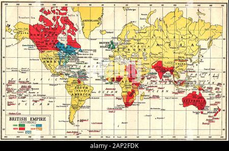 Eine farbige britische Empire Karte 1920 zeigt seine Expansion seit 1688 (und Verluste) mit den Daten Stockfoto