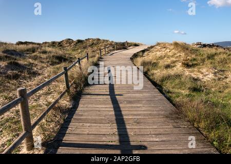 Landschaft mit einem hölzernen Gehweg Überqueren einer wilden Strand mit Sand und Vegetation. Illa de Arousa, Pontevedra, Spanien Stockfoto