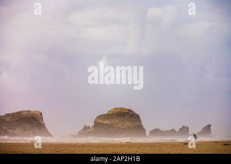 Surfer wandern entlang einer Küstenlinie von Sand und Felsen auf Ecola State Park Strand von Oregon USA Stockfoto