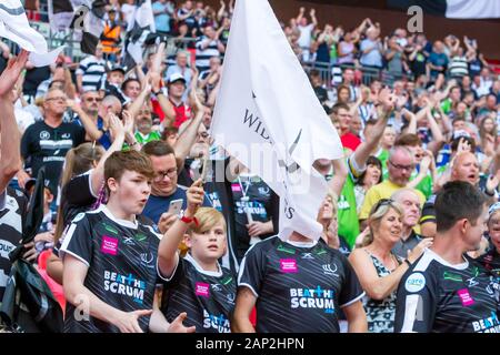 Aufgeregt Widnes Wikinger Anhänger im Wembley Stadium während der 2019 AB Sonnendecks 1895 Rugby League Finale Stockfoto