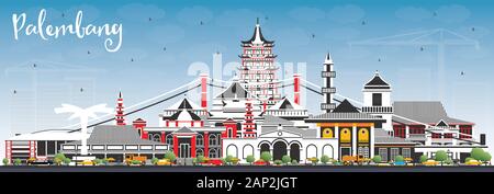 Palembang Indonesia City Skyline mit grauen Gebäuden und blauer Himmel. Vector Illustration. Business Travel und Tourismus Konzept mit historischer Architektur Stock Vektor