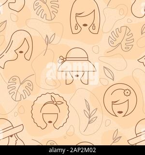 Vector Pattern mit den Gesichtern der Mädchen und Blätter von Pflanzen in verschiedenen Farben. Stock Vektor