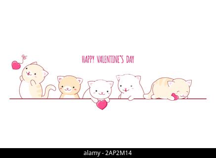 Valentinstag vektor Grenze mit niedlichen Katzen in kawaii Stil und roten Herzen. Kann für Valentine Karte, Hintergrund verwendet werden, Banner. EPS8 Stock Vektor