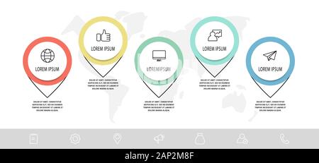 Vektor Infografik mit 5 Pins und Kreise. Für fünf Diagramme, Schaubilder, Flussdiagramm, Timeline, Marketing, Präsentation verwendet. Creative Business Concept st Stock Vektor