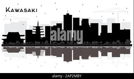 Kawasaki Japan City Skyline Silhouette mit schwarzen Gebäuden und Reflexionen Isoliert auf Weiß. Vektorgrafiken. Geschäftsreisen und Tourismus. Stock Vektor