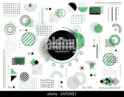 Abstrakte grüne und schwarze geometrische Memphis Form von modernen Elementen Cover Design Hintergrund. Verwenden Sie für Poster, Artwork, Template Design, ad, drucken. Stock Vektor