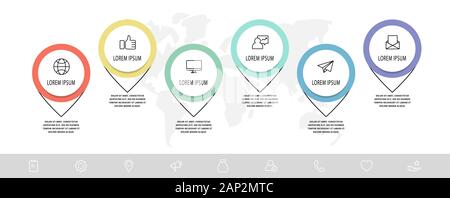 Infografik Vektor mit 6 Stiften und Kreisen. Wird für sechs Diagramme, Diagramme, Flussdiagramm, Zeitachse, Marketing, Präsentation verwendet. Kreatives Geschäftskonzept Stock Vektor