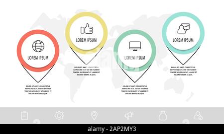 Infografik Vektor mit 4 Stiften und Kreisen. Wird für vier Diagramme, Diagramme, Flussdiagramm, Zeitachse, Marketing, Präsentation verwendet. Kreatives Geschäftskonzept Stock Vektor