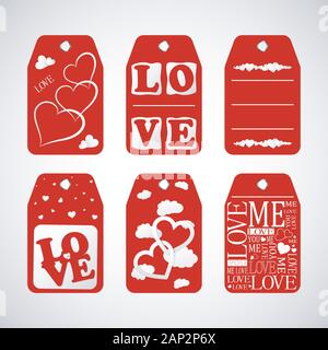 Sammlung von Happy Valentinstag geschenk Tags. Satz von Hand gezeichnet Urlaub Aufkleber in Weiß und Rot. Romantische Abzeichen design Stock Vektor