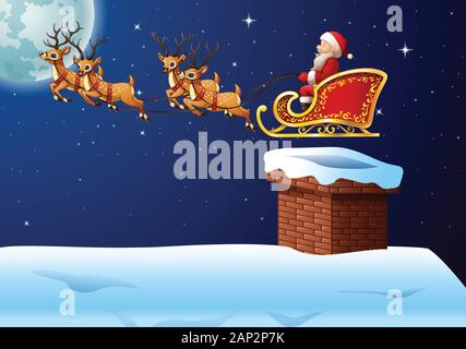 Der Weihnachtsmann reitet mit dem Rentierschlitten vor einem Vollmondhintergrund Stock Vektor