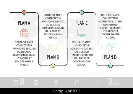 Moderne Infografik mit 4 Punkten. Schritt für Schritt. Wird für vier Diagramme, Diagramme, Flussdiagramm, Zeitachse, Marketing, Präsentation verwendet. Minimalistisches kreatives Design Stock Vektor