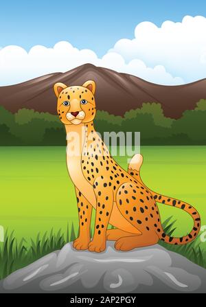 Cartoon Gepard sitzt auf einem Felsen in afrikanischer Savanne Stock Vektor