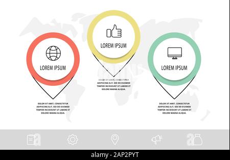 Infografik Vektor mit 3 Stiften und Kreisen. Wird für drei Diagramme, Diagramme, Flussdiagramm, Zeitachse, Marketing, Präsentation verwendet. Kreatives Geschäftskonzept Stock Vektor