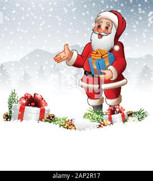 Cartoon Santa Claus Holding eine Geschenkverpackung Stock Vektor