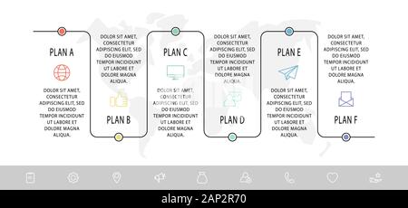 Moderne Infografik mit 6 Punkten. Schritt für Schritt. Wird für sechs Diagramme, Diagramme, Flussdiagramm, Zeitachse, Marketing, Präsentation verwendet. Minimalistisches kreatives Design Stock Vektor