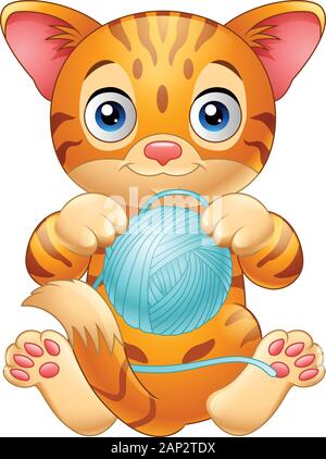 Zeichentrick-Baby-Kater mit Ball aus blauem Garn Stock Vektor