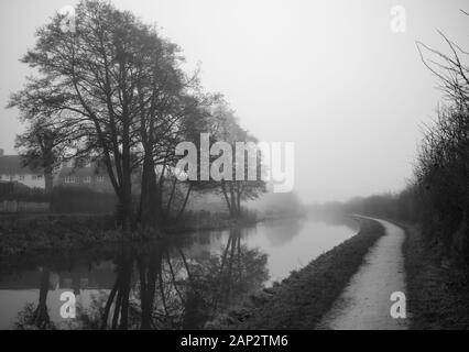 Am frühen nebligen Morgen am Trent and Mersey Kanal (Staffordshire, Großbritannien). Reflexion der grünen Bäume im Wasser. Fußweg, der in die Ewigkeit geht Stockfoto