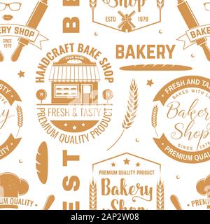 Bäckerei nahtlose Muster oder Hintergrund. Vector Illustration. Nahtlose Bäckerei Muster mit mit Rolling Pin, Backhaus, Weizen Ohren Silhouette. Bäckerei Textur. Stock Vektor