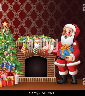 Cartoon Santa Claus Holding eine Geschenkverpackung Stock Vektor