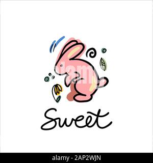 Pink bunny und süßen Schriftzug Vector Illustration. Hase mit Blume drucken. Stock Vektor