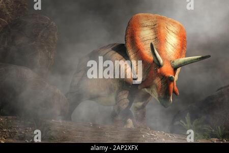 Torosaurus war ein zeratopsianischer Dinosaurier, der ein gefrästes und horngebräuntes, vierbeiniges Tier war. Sie lebte während der kreidezeit. Im Nebel stehen. Stockfoto