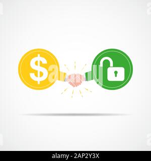 Symbol der Handshake zwischen Dollarzeichen öffnen und verriegeln. Vector Illustration. Das Konzept des Vertrags oder der Vereinbarung. Stock Vektor