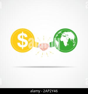 Symbol der Handshake zwischen Dollarzeichen und Globus Karte. Vector Illustration. Das Konzept des Vertrags oder der Vereinbarung. Stock Vektor