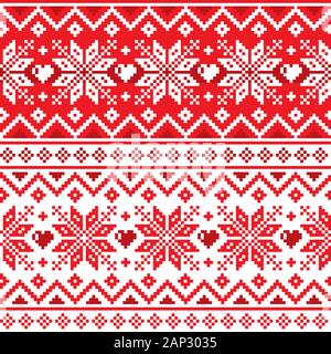 Winter, Weihnachten Norwegerstil traditionelle Strickmode Vektor nahtlose geometrische Muster mit Schneeflocken, Herzen Stock Vektor