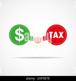 Symbol der Handshake zwischen Dollarzeichen und Steuern. Vector Illustration. Das Konzept des Vertrags oder der Vereinbarung. Stock Vektor
